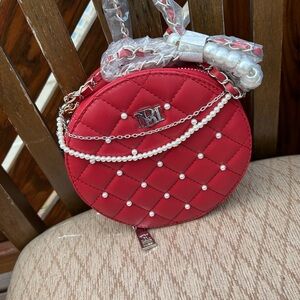 Badgley Mischka Red Mini Bag with Pearl Studs